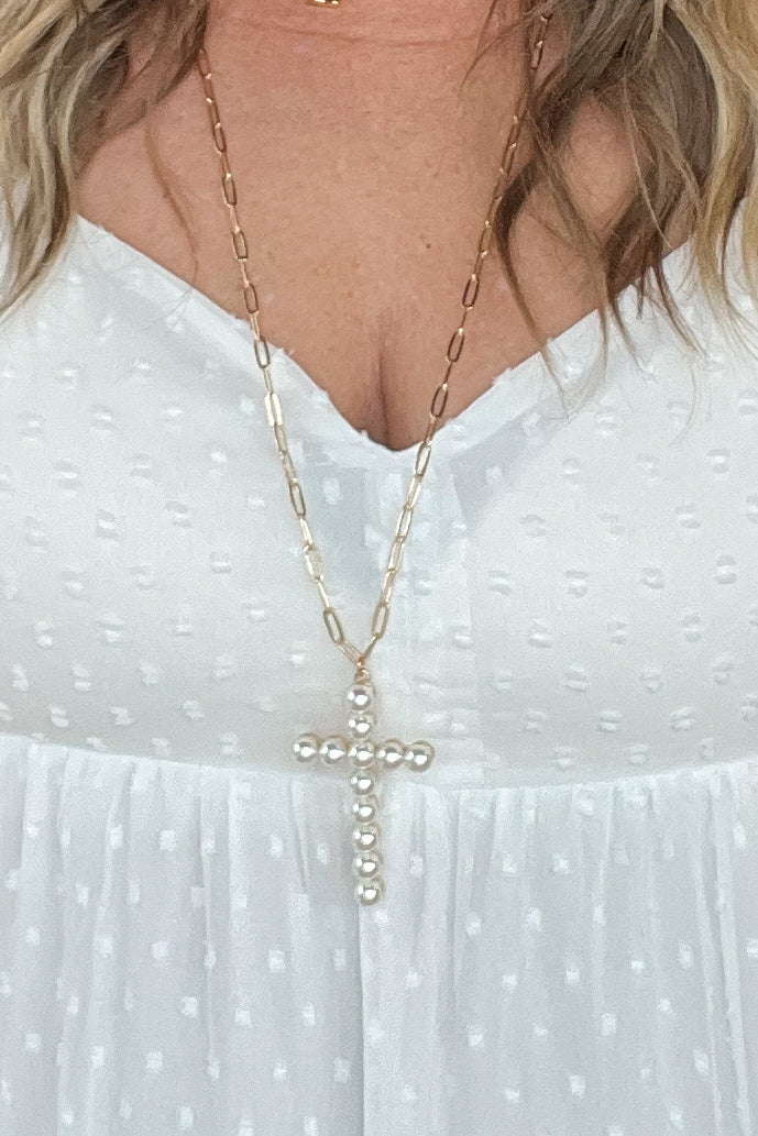 Chain And Pearl Cross Pendant Necklace - Gold