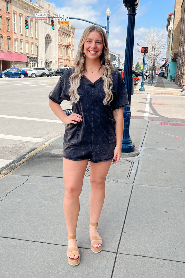 Kylie Mineral Washed Romper - Black