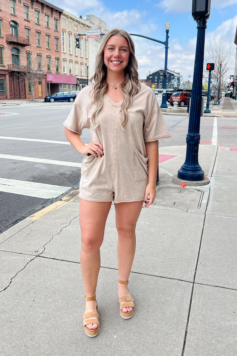 Kylie Mineral Washed Romper - Taupe