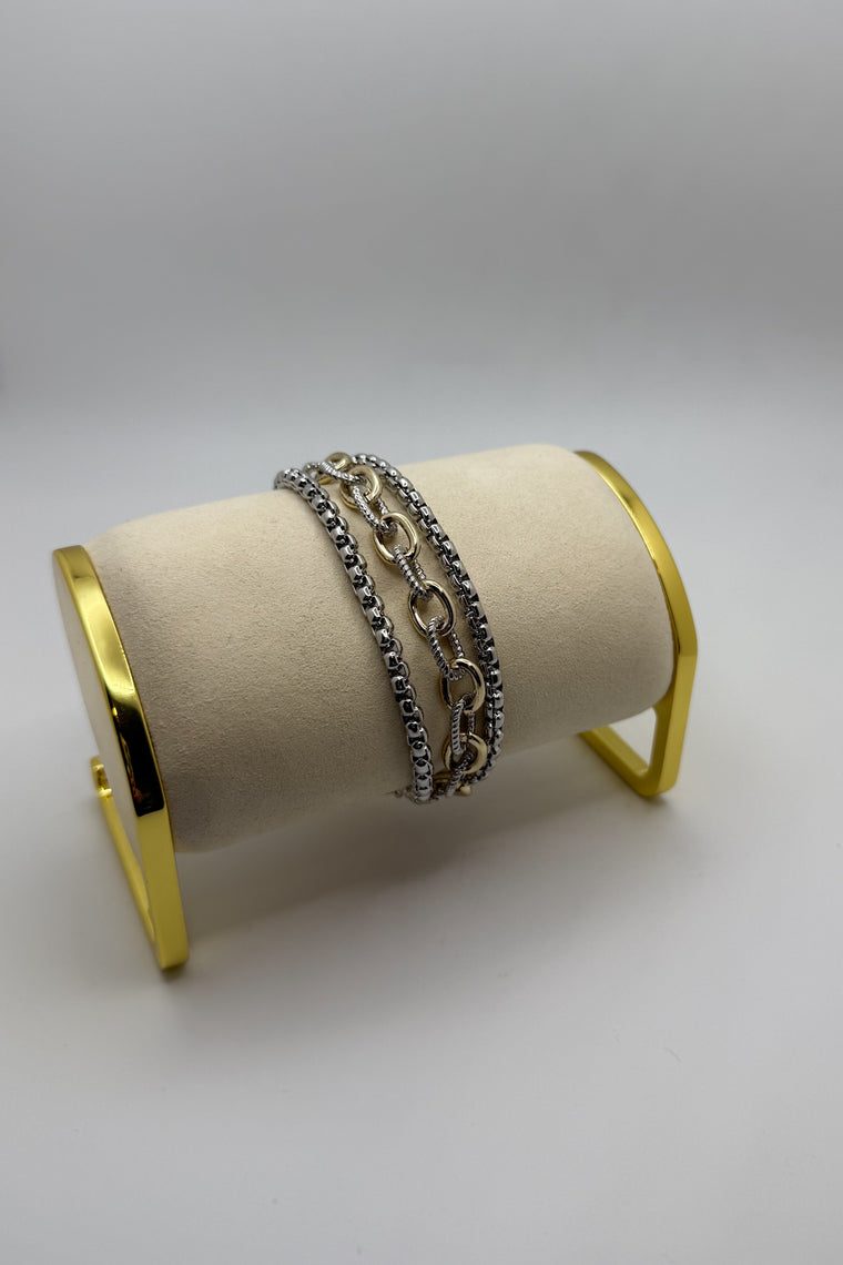Chain Of 3 Strands Bracelet - Two Tone 18K Gold & Rhodium Plated