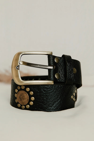Handcrafted Leather Belt With Coins & Studs -Black