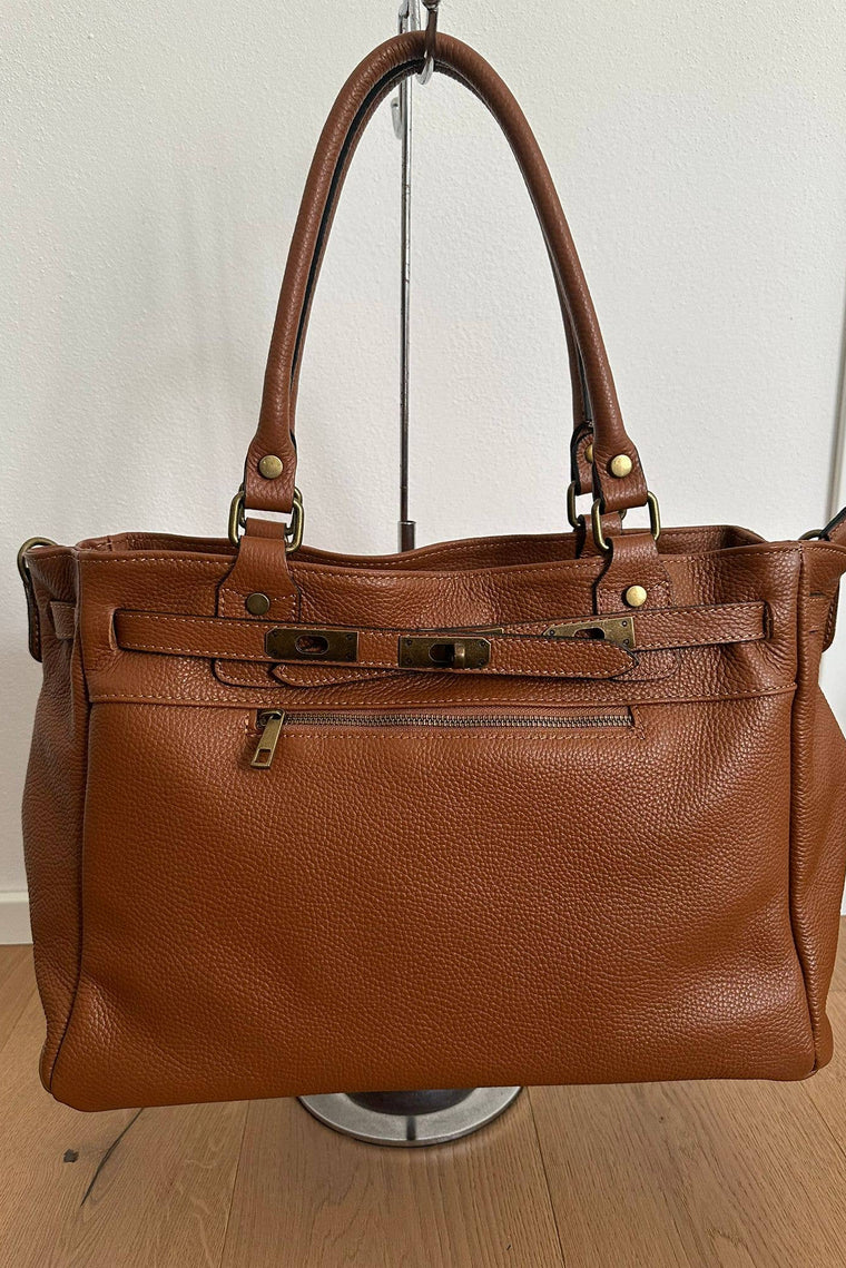 Carly Genuine Leather Handbag -  Cognac