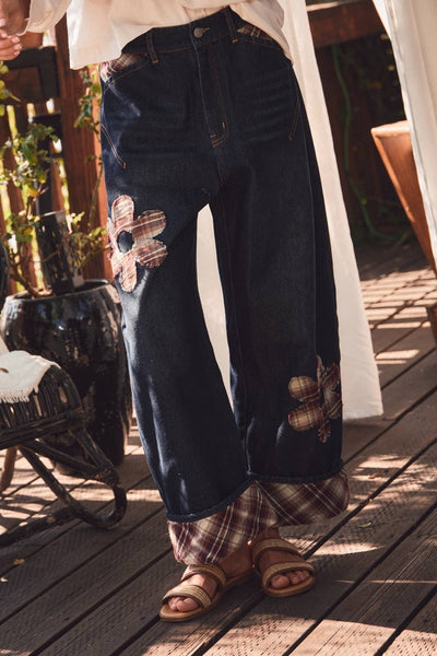 Plaid Flower Denim Pants