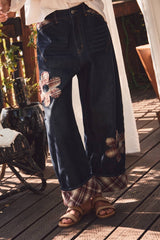 Plaid Flower Denim Pants