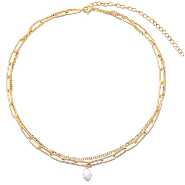 Renee Double Chain Pearl Choker Necklace - Gold