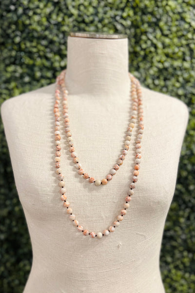 Natural Stone Long Beaded Necklace - Red Tones